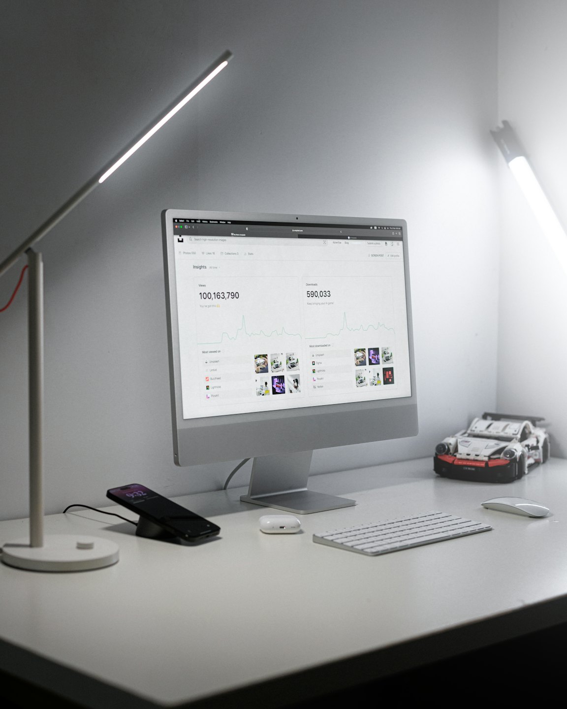 Desktop computer with data analytics dashboard on a modern office desk.